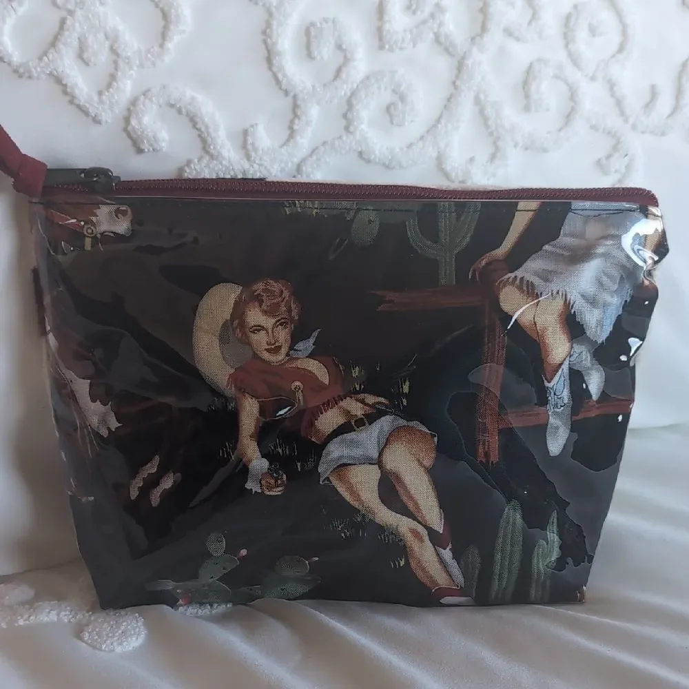 Atenti Western Themed Vinyl- Faux Cow Fur-Accessories Pouch NWOT